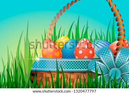 Postcard with Easter eggs in a wicker basket in green grass. Blue bow with decorative ribbon. Beautiful greeting card or banner for Easter.