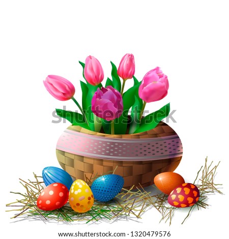 Wicker basket with tulips and Easter eggs on a white background. Element for greeting card or banner for Easter. isolate