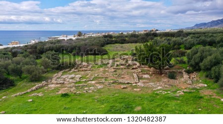 Minoan site in Makry Gialos features the archaeological site of an ancient Minoan country house built ca. 1200 B.C. aerial photography