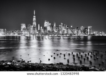 Night view on Manhattan skyline from Liberty State Park in New Jersey. This point served in the past like an exchange terminal between New Jersey Railroad and Manhattan Ferry.