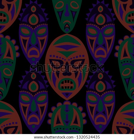 Seamless Background. Tribal Seamless Background with Ritual Masks for Card or Poster. Ethnic Seamless Pattern with Color Trible Shamanic Masks for your Design. Vector Texture.