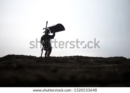 Medieval battle scene with silhouette of roman soldier. Silhouettes of figures as separate objects, fight between warriors on sunset foggy background. Selective focus