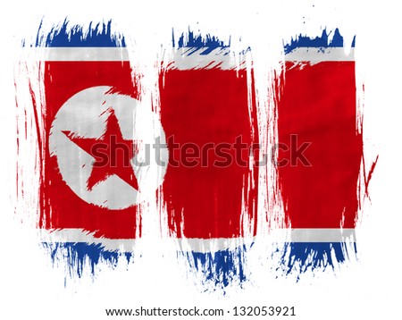 The North Korea flag  painted with 3 vertical  brush strokes on white background