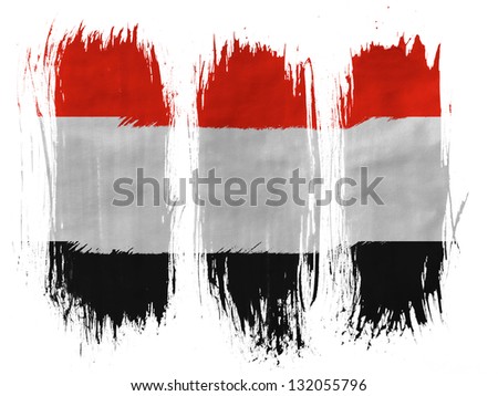 The Yemeni flag painted with 3 vertical  brush strokes on white background