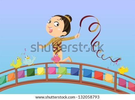 Illustration of a girl holding a stick with ribbon