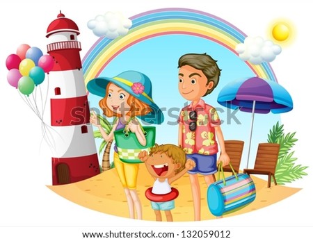 Illustration of a family at the beach with a lighthouse on a white background
