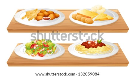 Illustration of the two wooden trays with four plates full of foods on a white background