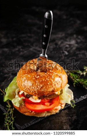 American home cooking. a large grilled burger with pork cutlet, tomato, cucumber, with a fried sesame and razmarin roll. unhealthy food. copy space