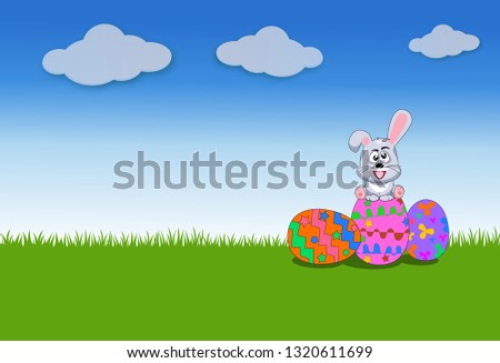 The little rabbit sits on the Easter egg in the middle of the lawn on a bright blue day,vector and illustration	
