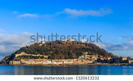 Landscape view of the Old Town and mount Urgull in San Sebastian, Spain