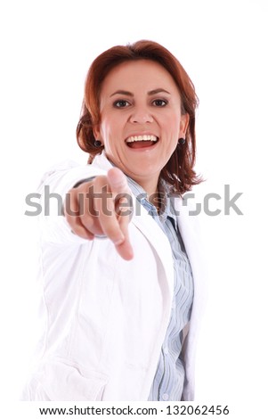 Happy business woman pointing forward over white background