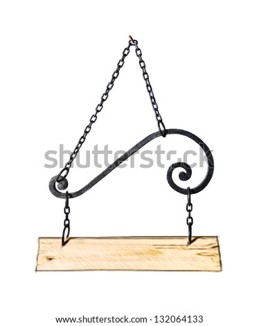 Pencil sketch. Blank wooden sign hanging on a chain. isolated on white. with clipping path.