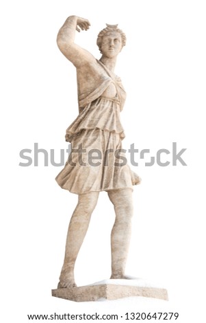 Sculpture of the ancient Greek god Artemis in the snow, isolate Royalty-Free Stock Photo #1320647279