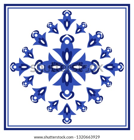 Azulejos portuguese traditional ornamental tile, blue and white pattern. Vector illustration