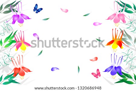 Vector illustration. A floral frame with aquilegia flowers and herbs for wedding, birthday and party. 
Design for banner, poster, wrapping, card and invitation on a white background.