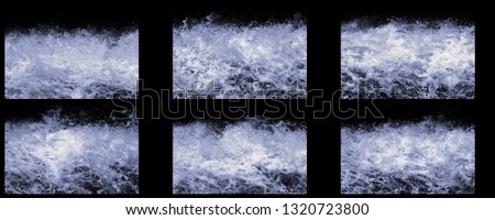 Set of  water splashes collection In a black background. The density of sponges spread after impacting large rocks along the coast. Abstract image of Many drops.