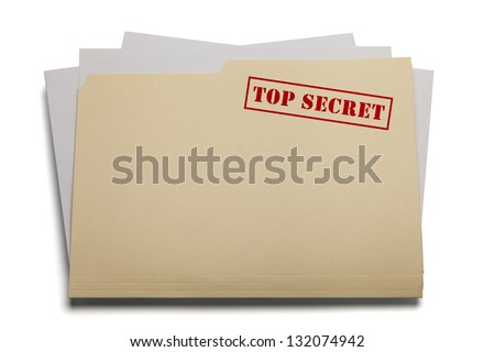 Folder and papers with the words Top Secret stamped on it, Isolated on a white background. Royalty-Free Stock Photo #132074942