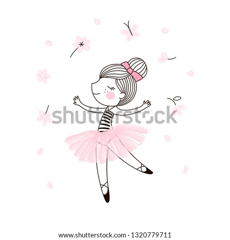 Cute little dancing ballerina girl in pink transparent skirt. Vector doodle illustration in pink colour for girlish designs like textile apparel print, wall art, poster, stickers, cards and more.
