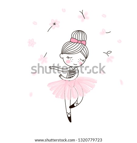 Cute little dancing ballerina girl in pink transparent skirt. Vector doodle illustration in pink colour for girlish designs like textile apparel print, wall art, poster, stickers, cards and more.