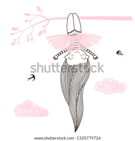 Cutelittle girl in pink ballerina skirt hanging head down on the tree. Vector doodle illustration in pink colour for girlish designs like textile apparel print, wall art, poster, stickers, cards and