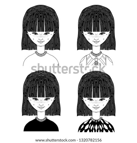 Set of illustrations. The girl and her different emotions. Teenager as an avatar for the account. Print for your design. Concept for print, emoticons for emoticons of your gadget, stickers.
