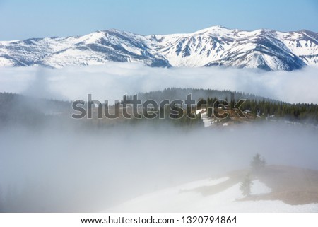 Spring in the Ukrainian Carpathian mountains on the Kostrich mountain valley, with fantastic fogs, clouds and flowering crocuses overlooking the high snow-capped peaks of the mountains.