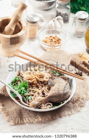 Delicious duck noodle soup. Traditional Thai dish