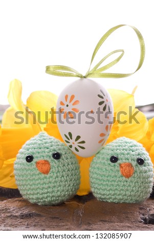 Easter decoration with ribbon,  Easter eggs and Chick