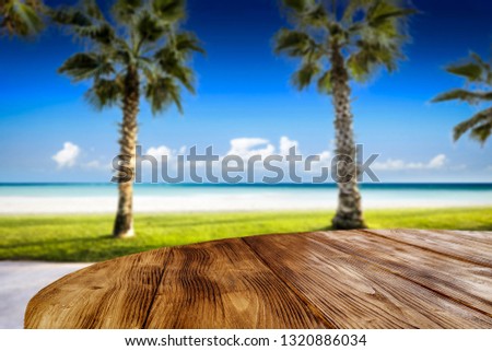 Wooden table of free space for your product. Summer landscape of sea. Two coco palms and green grass. Summer time on Madagascar, Zanzibar, Seychelles, Cuba, Thailand, the Caribbean, or other tropical 