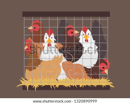 Illustration of Several Chickens Stuck Inside a Small Cage