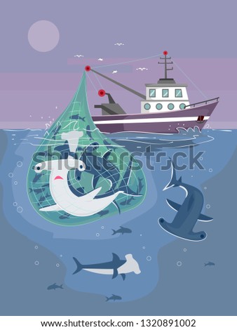 Illustration of Fishing Boat Catching Hammerhead Sharks