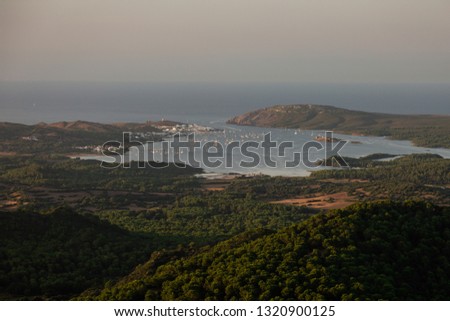 Aerial view of the bay of Fornells at sunset on the island of Menorca, Spain