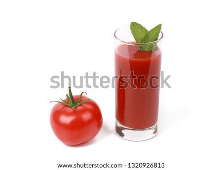 Tasty tomato juice and tomato's - glass with fresh tomato juice and a fresh tomato - isolated on white