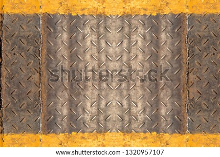 surface of diamond rusty dirty weathered iron plate with yellow line for construction site, abstract grunge metal texture pattern background