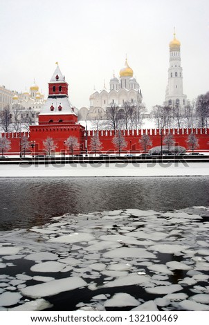 Moscow Kremlin and Moscow river embankment with ice pieces. The picture is taken during extreme snowstorm in Moscow on March 15, 2013.