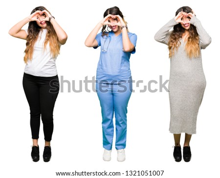Collage of beautiful young woman over white isolated background Doing heart shape with hand and fingers smiling looking through sign