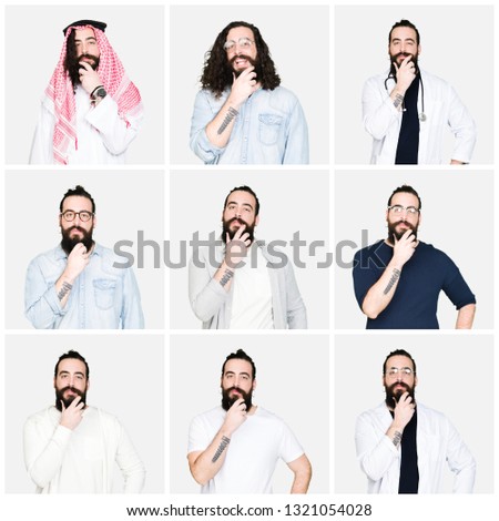 Collage of young man with beard and long hair over white isolated background looking confident at the camera with smile with crossed arms and hand raised on chin. Thinking positive.