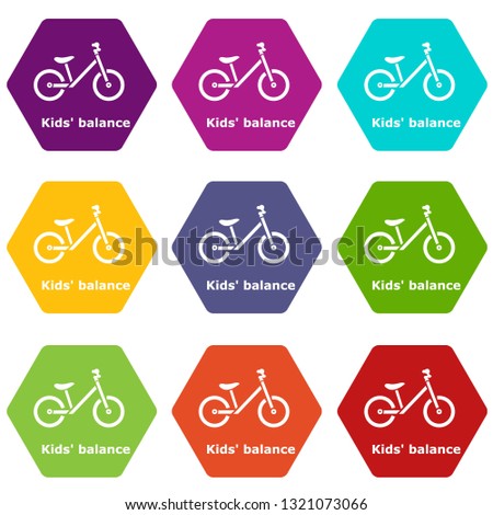 Kids balance bike icons 9 set coloful isolated on white for web