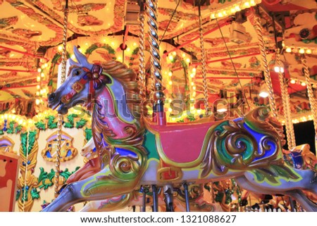 merry go round horses carousel fairground ride night lights funfair amusement park moving, stock photo, stock photograph, image, picture, stock, photo, 