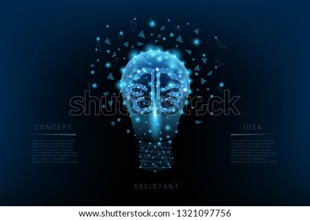 Light bulb of triangles and luminous brain and points. Background of beautiful dark blue night sky. Concept idea. Vector Polygonal illustration. Low poly.  