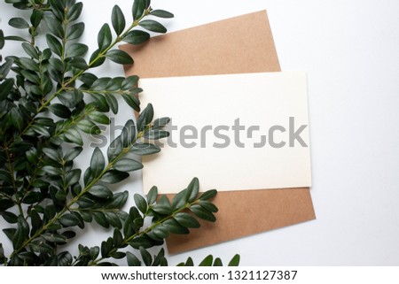 mockup card with plants. invitation card with environment and details Mockup with postcard and flowers on white background.