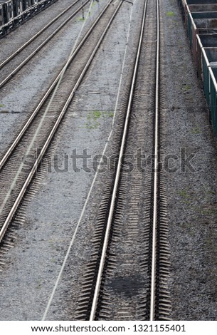 Rail system. Transportation of passengers and cargo. Junction. View from above. Picture taken in Ukraine, Kiev region. Color image