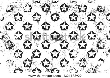 Grunge pattern with pentagon stars. Horizontal black and white background.