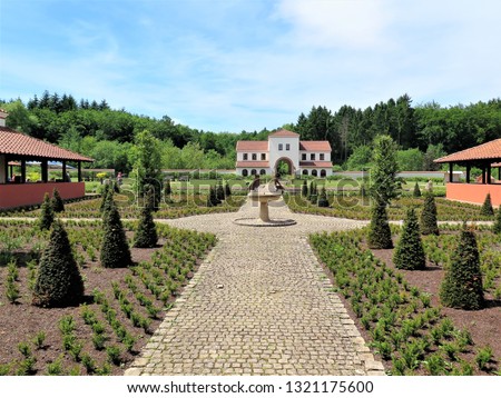 Reconstructed Roman villa Borg and gardens in Perl-Borg, Rhineland-Palatinate, Germany Royalty-Free Stock Photo #1321175600