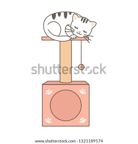 cute cartoon vector cat house and scratching post with lovely sleeping kitten