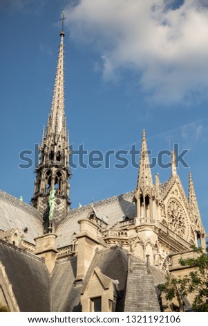 Close up on the gothic roof spires on Notre Dame Cathedral in Paris, in an architectural background