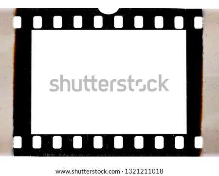 real scan of 35mm movie film strip or photo frame with burned edges, empty retro picture placeholder for your content