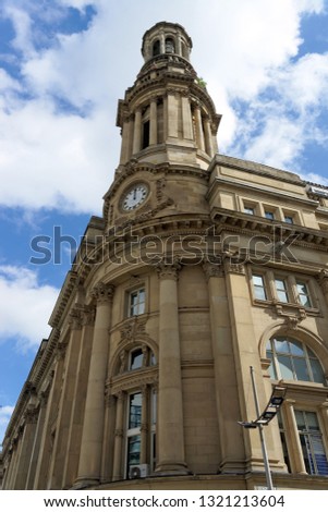 Royal Exchange building in Manchester, England. Grade II Listed Building used in the past mainly for cotton and textiles exchange.