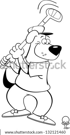 Black and white illustration of a dog swinging a golf club.