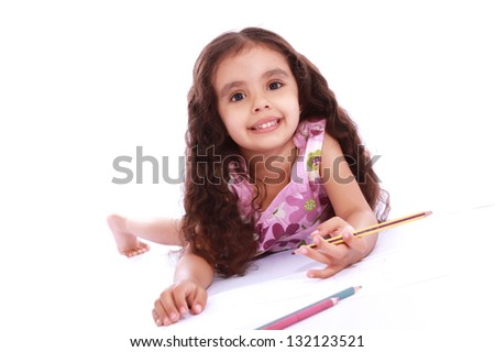 Child girl with pencils and paper over white background